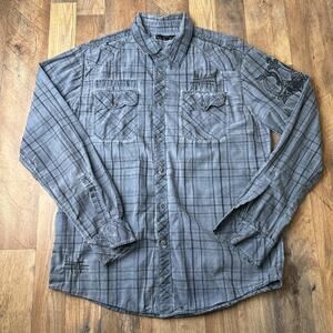 Affliction Shirt‎ Men's XL Blue Y2K Embroidered Plaid Gothic Grunge Cotton 5980